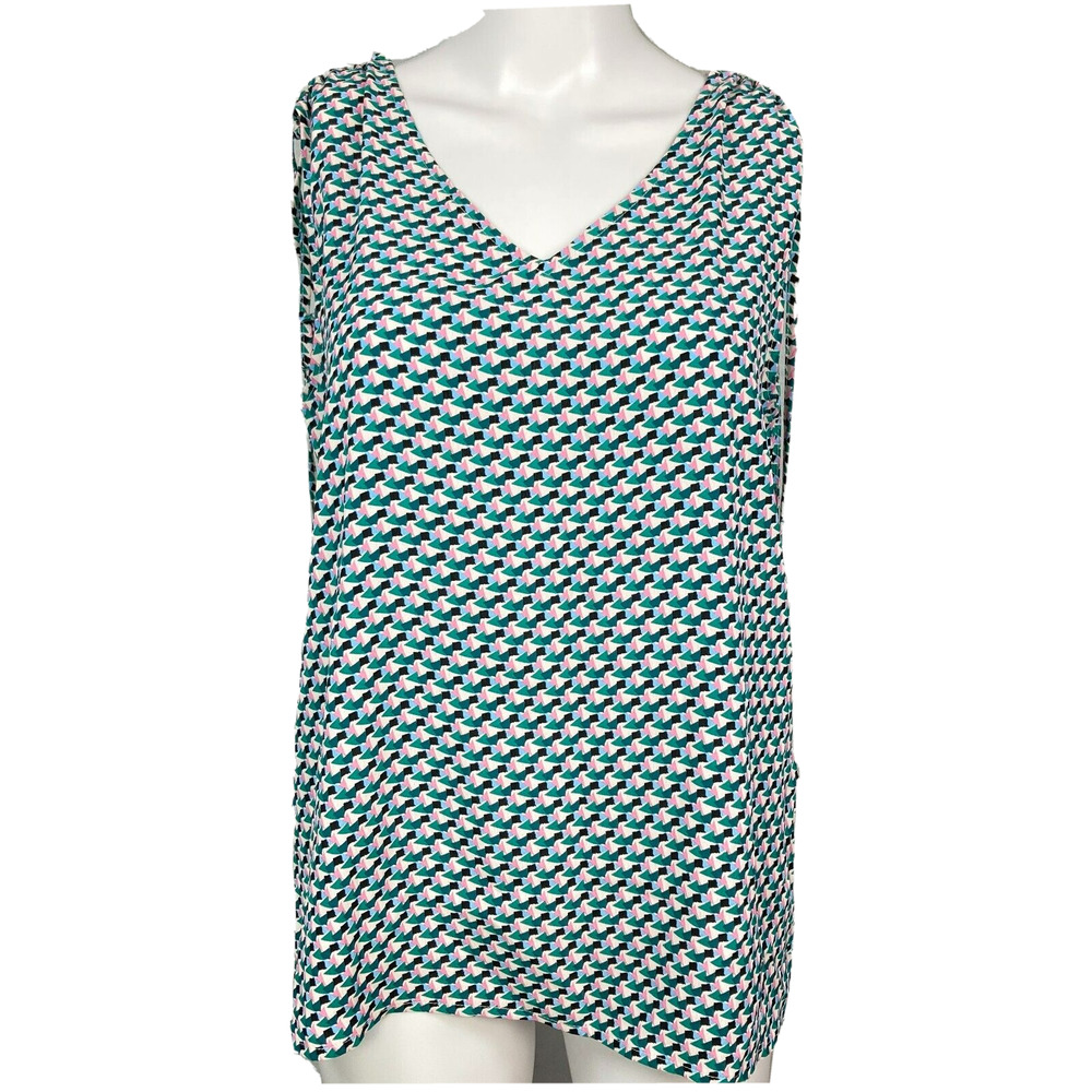 Molly Bracken Shirt Women Sz S Aqua Green White Pink Print Sleeveless V Neck Top